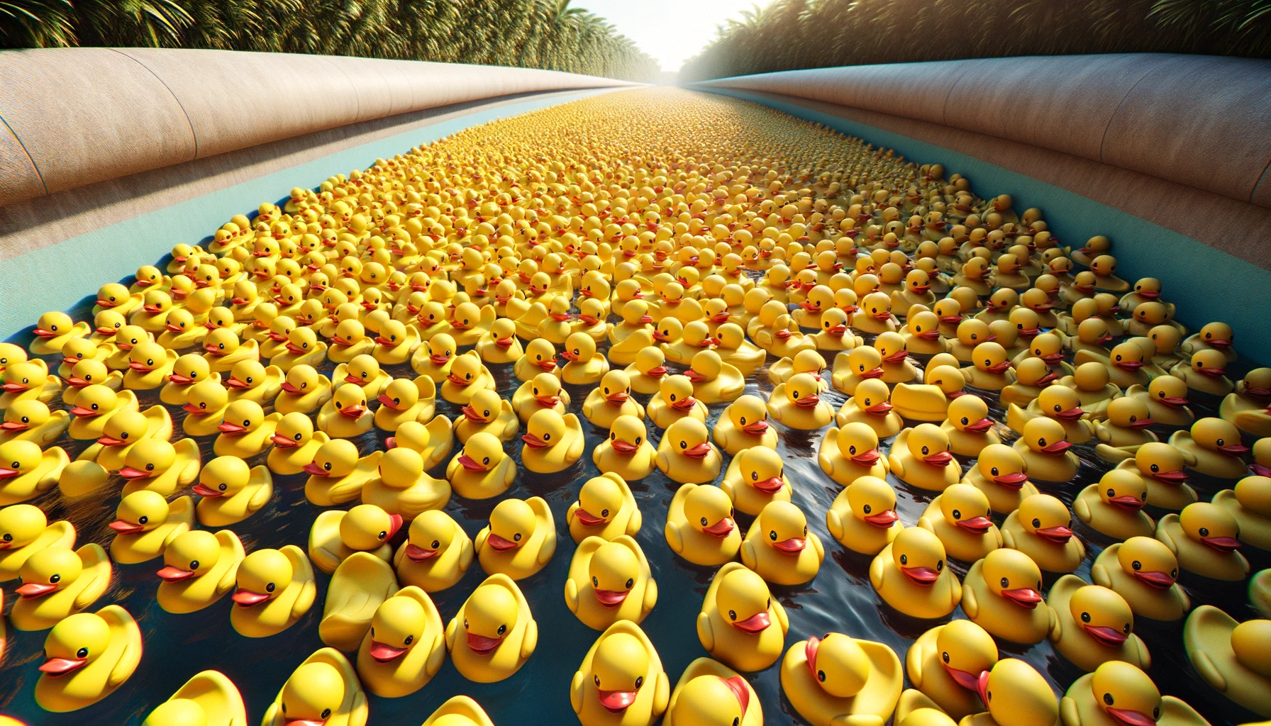 DALL·E 2023-12-08 10.03.43 - A photorealistic ultrawide image showcasing countless bright yellow rubber ducks densely packed, floating down a narrow section of a lazy river in a w